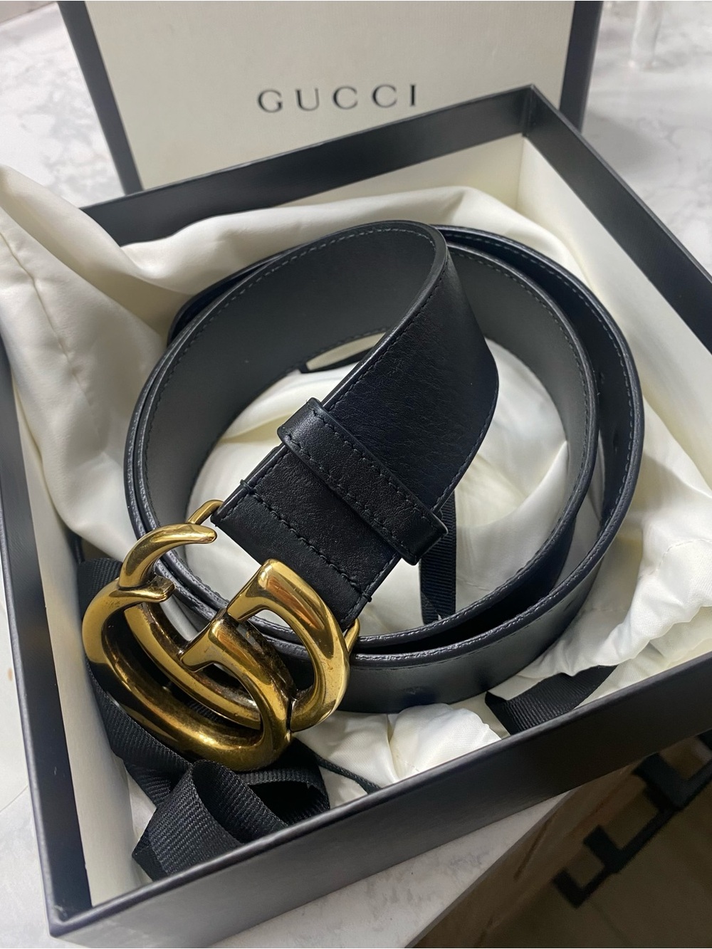 Gucci Black Leather Belt with Gold Interlocking Buckle